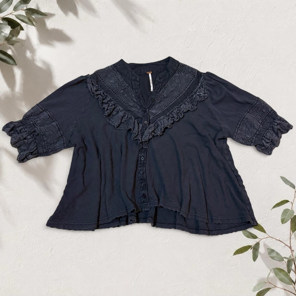 Free People Black Lace Ruffle Blouse Gothic Romantic Boho Top XS
